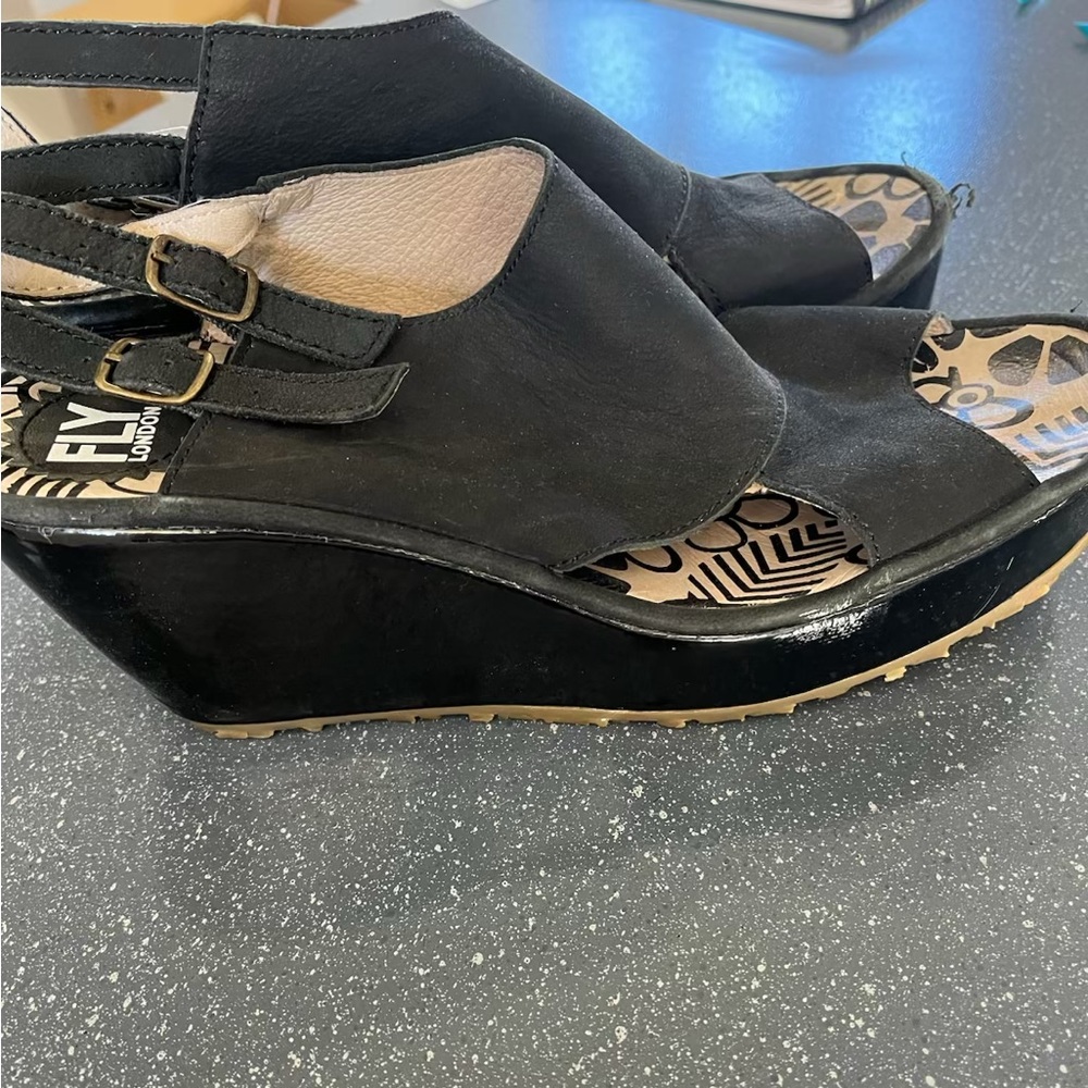 Fly London Black Wedge Sandals